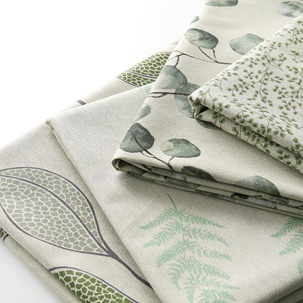 Tissu de décoration Semi-panama Rinceaux de feuilles fins – nature/vert tilleul,  image number 5
