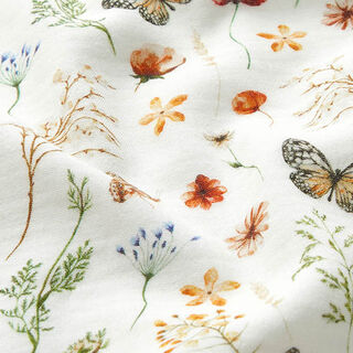 GOTS Tissu double gaze de coton Prairie fleurie avec papillons Impression numérique – écru, 