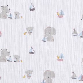 Tissu double gaze de coton Animaux et bateaux – blanc/argent, 