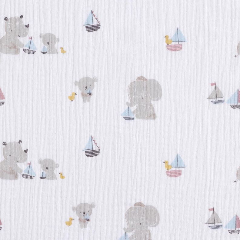 Tissu double gaze de coton Animaux et bateaux – blanc/argent,  image number 1