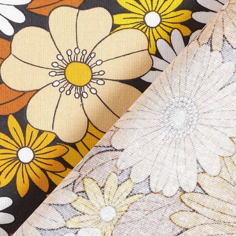 Tissu en coton Cretonne Grandes fleurs rétro – noir/jaune soleil, image number 4