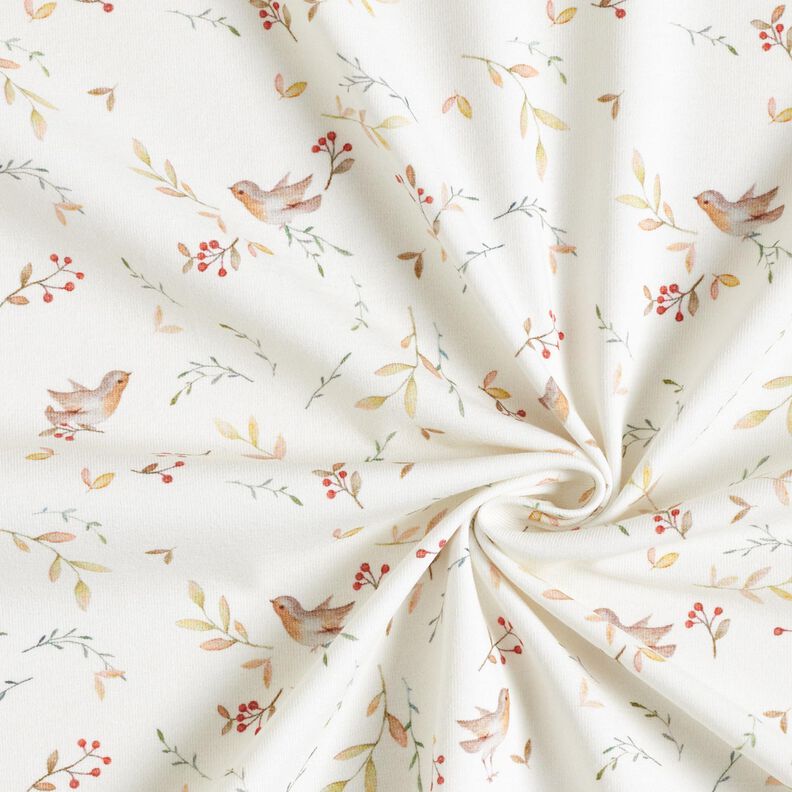 GOTS Jersey coton Oiseaux sur branches Impression numérique – ivoire,  image number 3