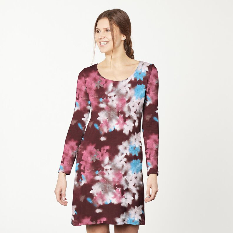 Jersey coton Imprimé numérique fleurs délavées – merlot/bleu, image number 5