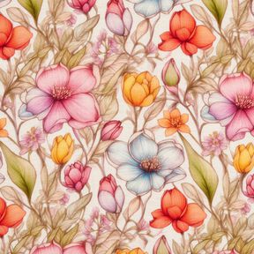 Mélange viscose lin Fleurs et vrilles de roses – nature/rouge feu, 