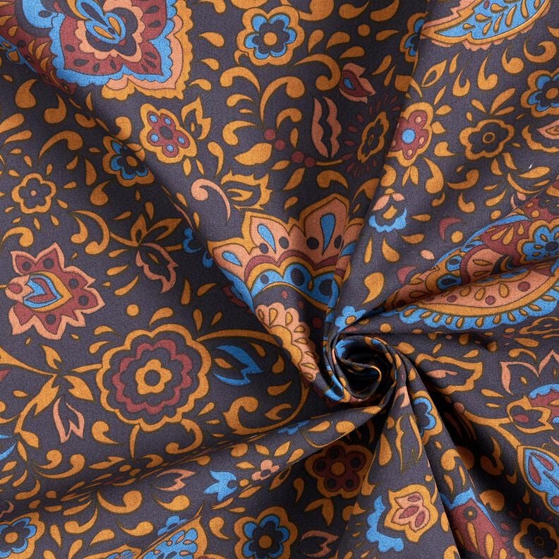 Tissu pour chemise Fleurs rétro et motif paisley – bleu nuit/caramel, image number 3