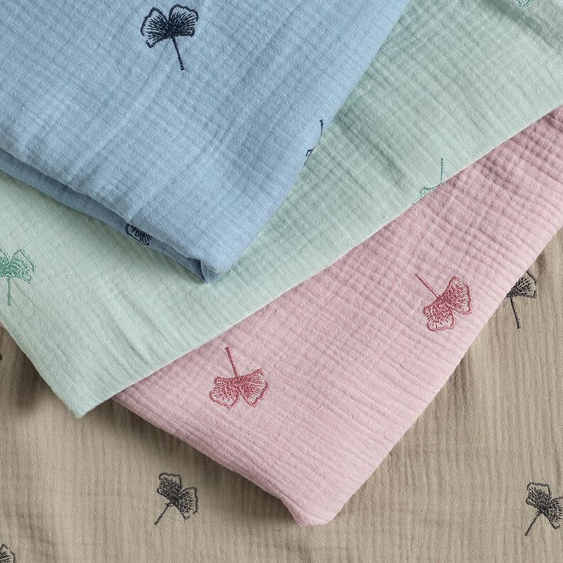 Tissu double gaze de coton Ginkgo brodé – gris clair, image number 5