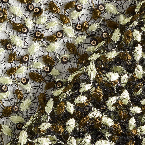 Tissu en dentelle à vrilles de fleurs et paillettes – noir/olive,  image number 4