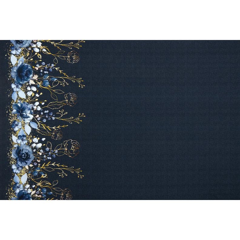 Jersey coton Tissu bordure fleurs paillettes dorées | Glitzerpüppi – bleu nuit/bleu jean,  image number 8