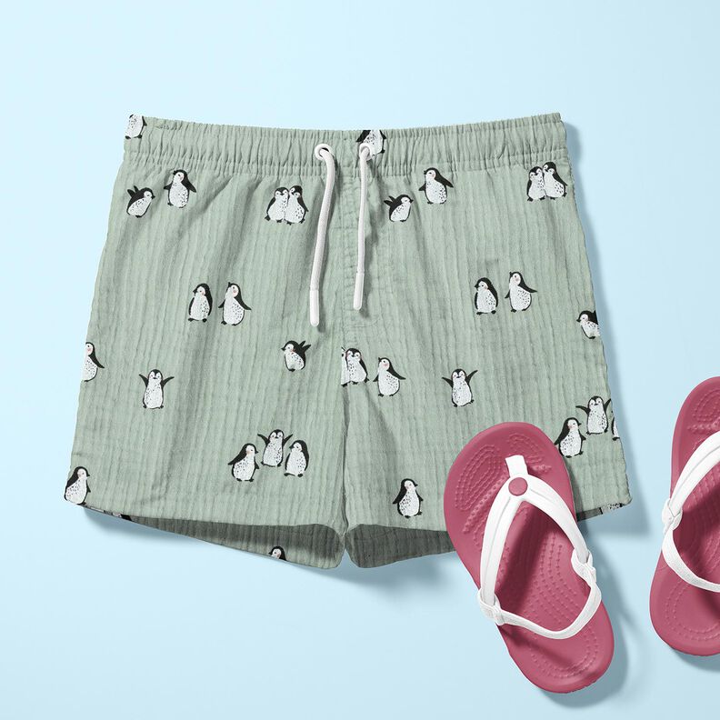 Tissu double gaze de coton joyeux pingouins – roseau,  image number 6