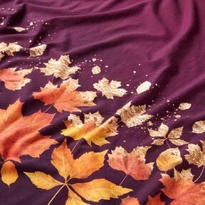 French Terry Tissu bordure feuilles d'érable | Glitzerpüppi – merlot/or ancien, 
