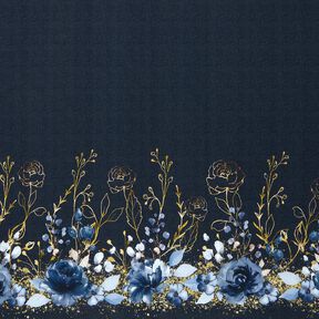 Jersey coton Tissu bordure fleurs paillettes dorées | Glitzerpüppi – bleu nuit/bleu jean, 