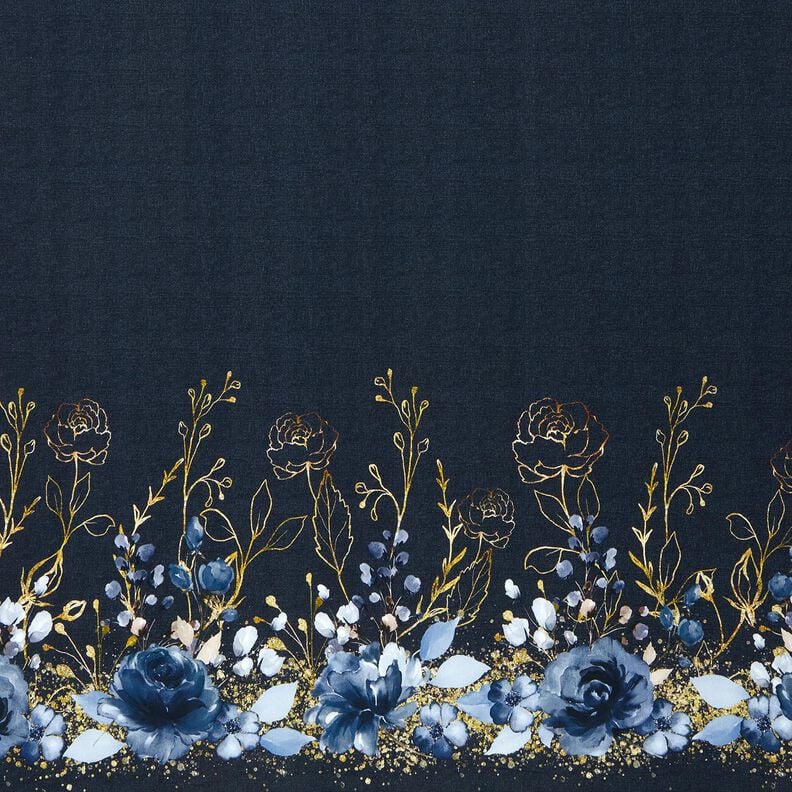 Jersey coton Tissu bordure fleurs paillettes dorées | Glitzerpüppi – bleu nuit/bleu jean,  image number 1