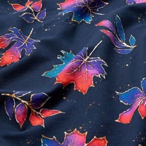 French Terry feuilles d'automne colorées | Glitzerpüppi – bleu nuit/rouge feu, 