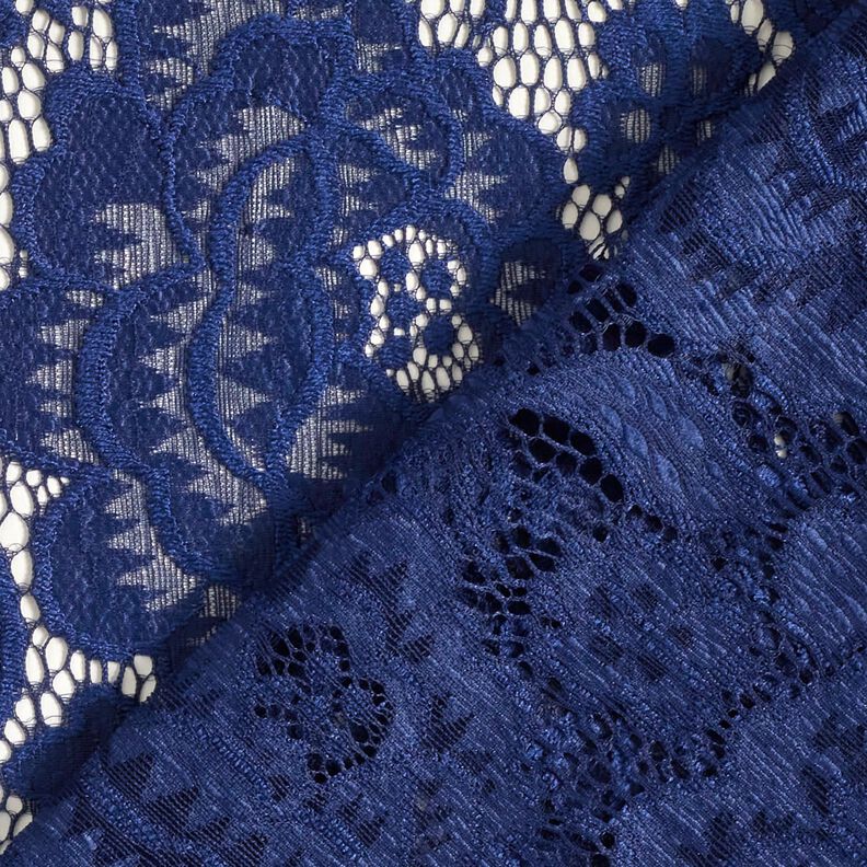 Dentelle élastique Fleurs et feuilles – bleu marine,  image number 5