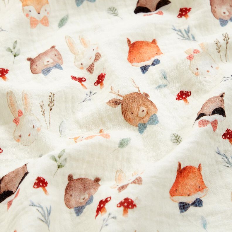 Tissu double gaze de coton Têtes d'animaux de la forêt Impression numérique – écru,  image number 2