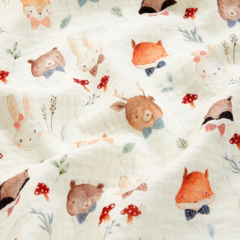 Tissu double gaze de coton Têtes d'animaux de la forêt Impression numérique – écru, image number 2