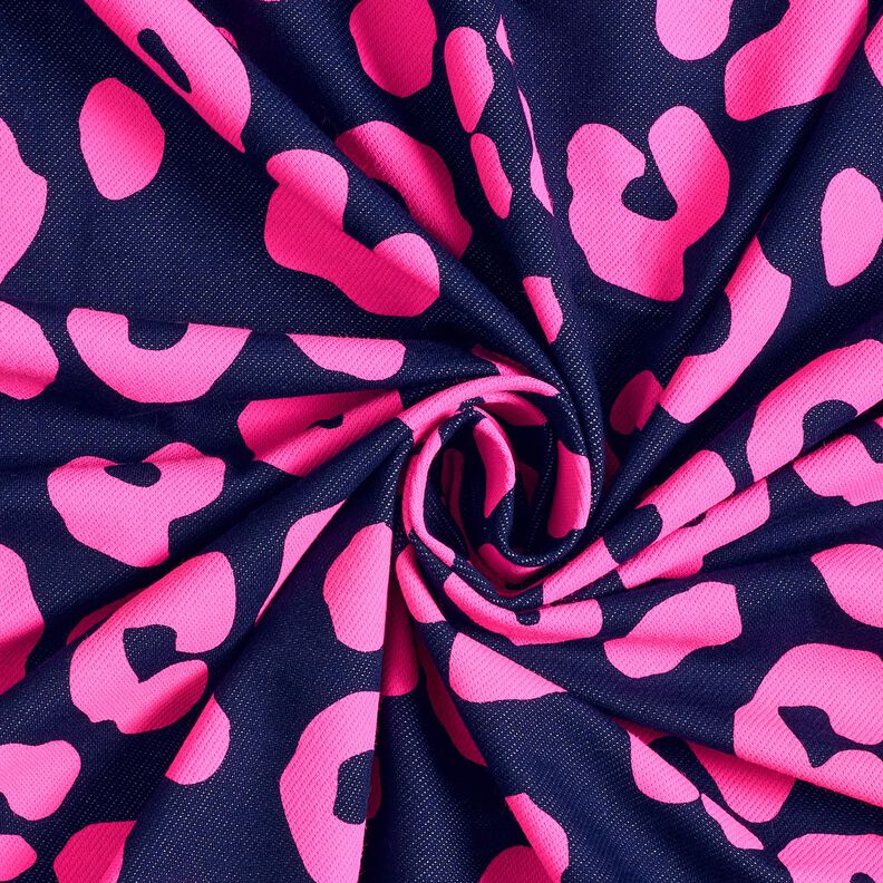 French Terry Sweat d’été Tissu look jean avec imprimé léopard luo – bleu nuit/rose néon, image number 3