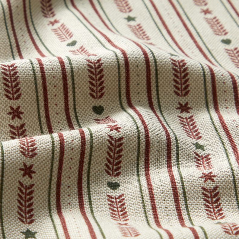 Tissu de décoration Semi-panama Rayures avec étoiles – nature/bordeaux, image number 2