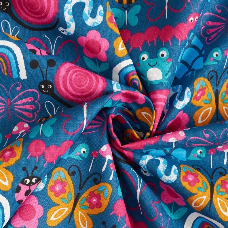 Tissu en coton Cretonne Papillons et abeilles – bleu océan/rose intense,  image number 3