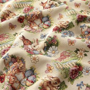 Tissu de décoration Gobelin Lapins de Pâques dans le jardin – beige clair/baies, 