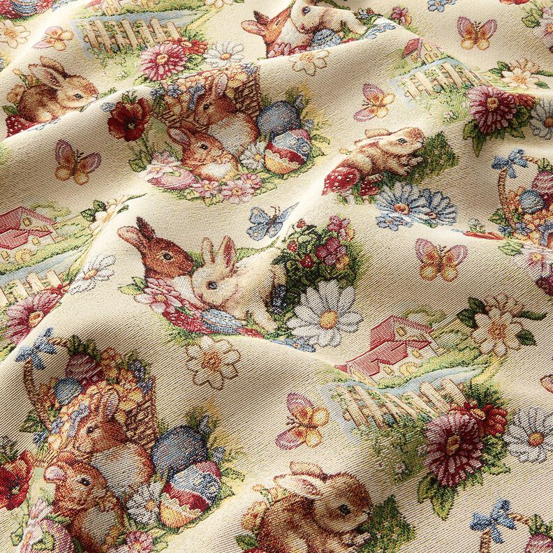 Tissu de décoration Gobelin Lapins de Pâques dans le jardin – beige clair/baies, image number 2