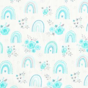 Popeline coton Roses et arcs-en-ciel – blanc/turquoise clair,  Popeline coton Roses et arcs-en-ciel – blanc/turquoise clair,