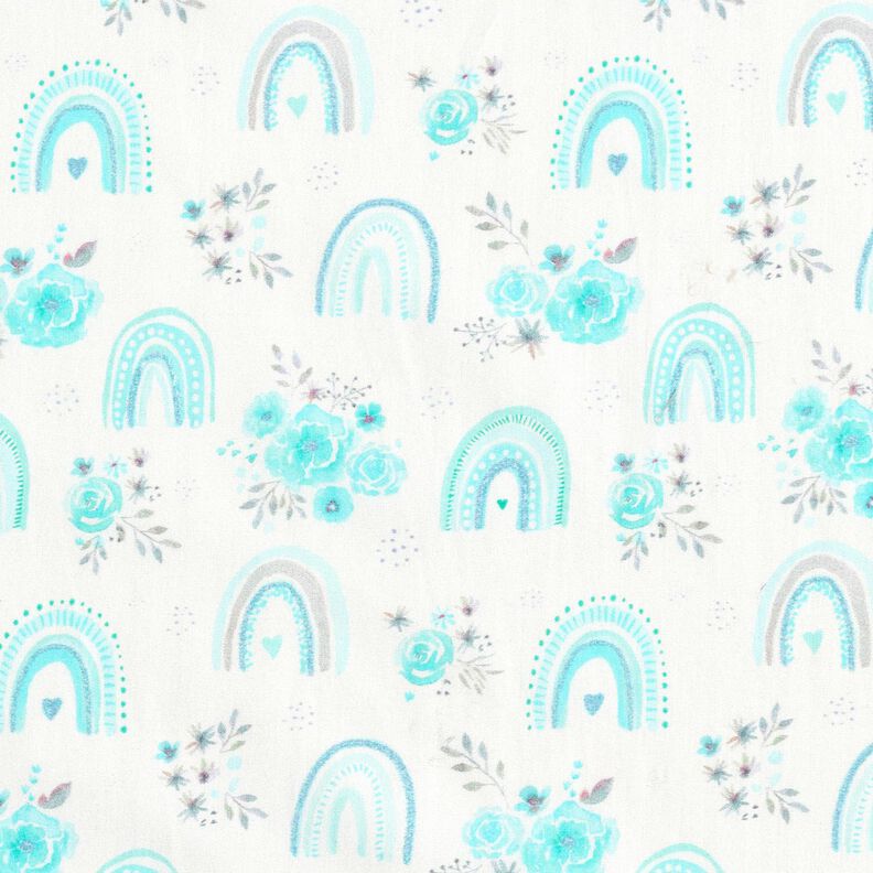 Popeline coton Roses et arcs-en-ciel – blanc/turquoise clair,  image number 1
