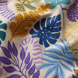 Tissu de décoration Semi-panama feuilles colorées – nature/lilas pastel, 