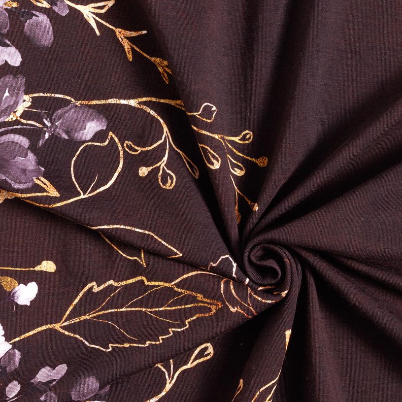 Jersey coton Tissu bordure Fleurs en paillettes dorées | Glitzerpüppi – rouge bordeaux/lilas pastel,  image number 3