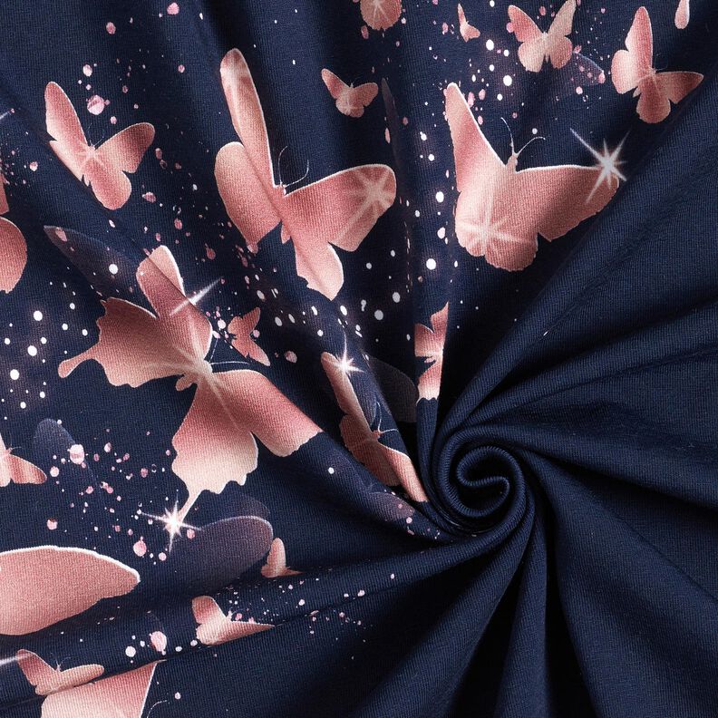 Jersey coton papillons scintillants | Glitzerpüppi – bleu nuit/vieux rose, image number 3
