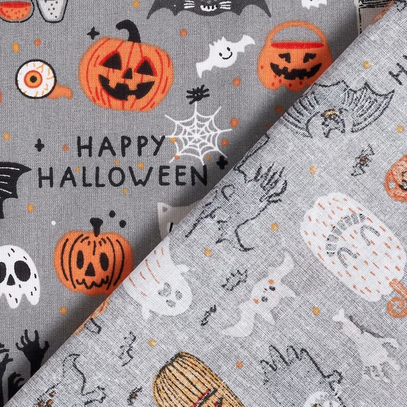 Tissu en coton Popeline Happy Halloween – gris éléphant/orange clair, image number 4