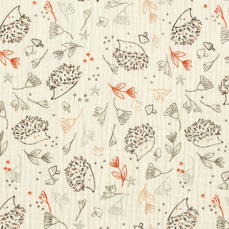 Tissu double gaze de coton Hérissons et plantes de la forêt – écru,  image number 1