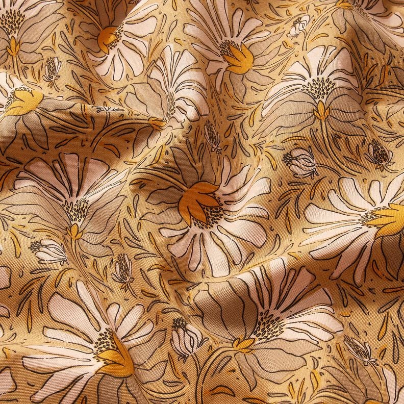 Tissu de décoration Semi-panama Grandes fleurs – beige foncé/jaune curry,  image number 2