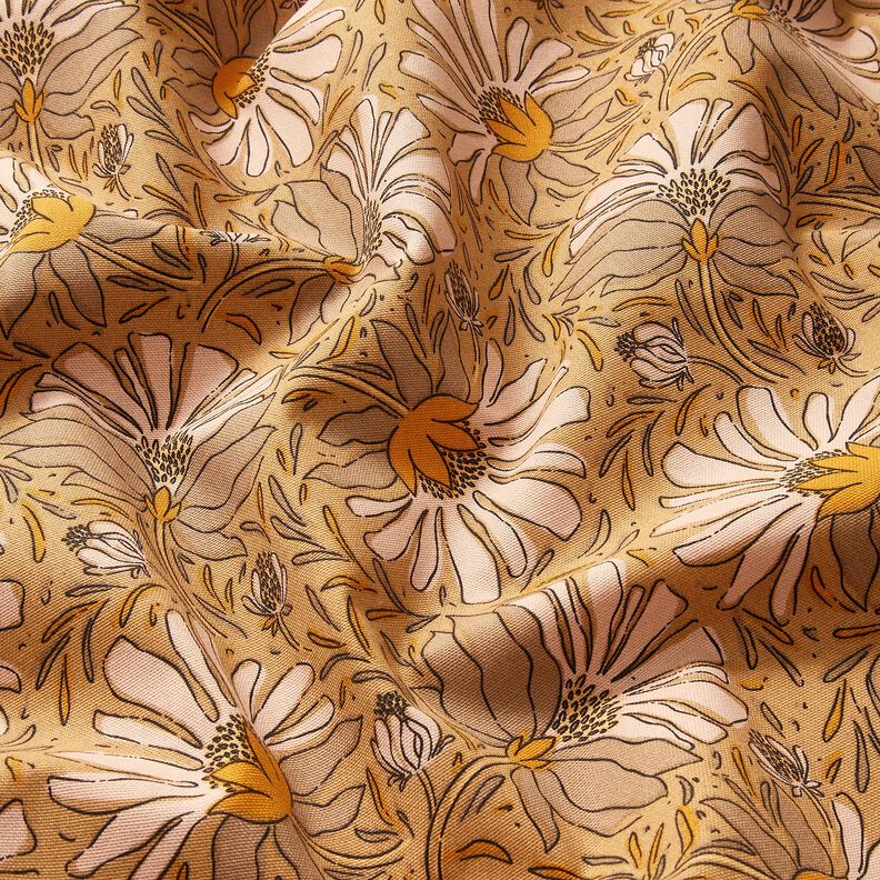 Tissu de décoration Semi-panama Grandes fleurs – beige foncé/jaune curry, image number 2