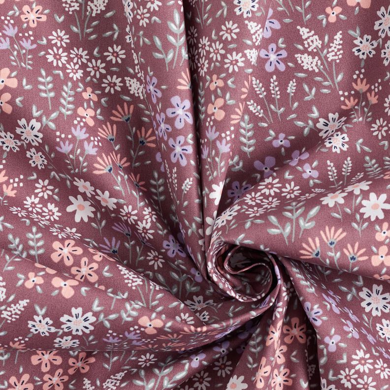 Coton enduit Prairie fleurie multicolore – vieux rose foncé/blanc,  image number 4