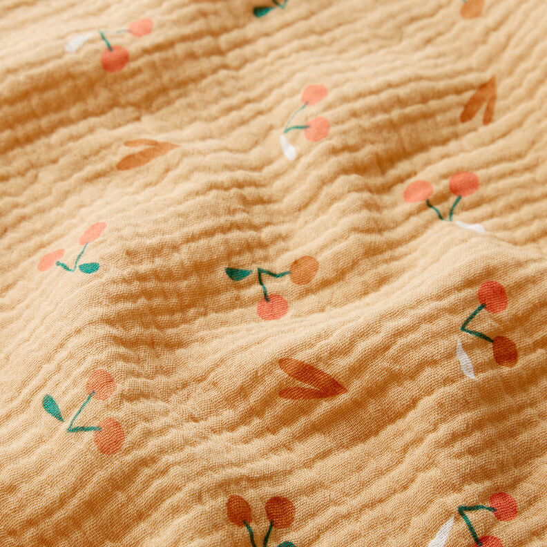 Tissu double gaze de coton Cerises – or ancien/caramel,  image number 2