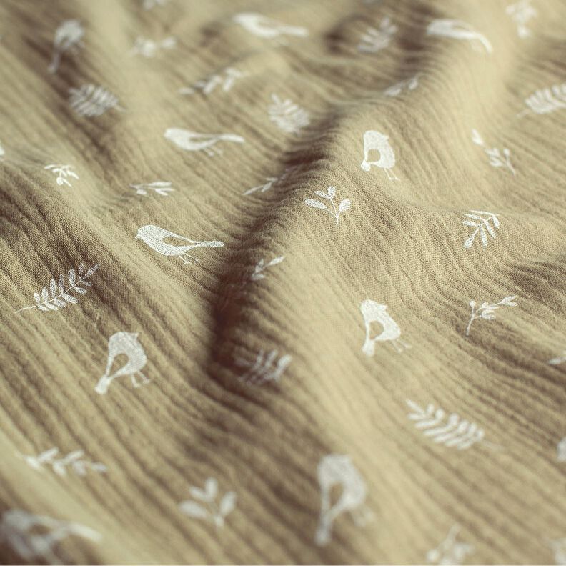 Tissu double gaze de coton Branches et petits oiseaux – kaki clair/blanc,  image number 2
