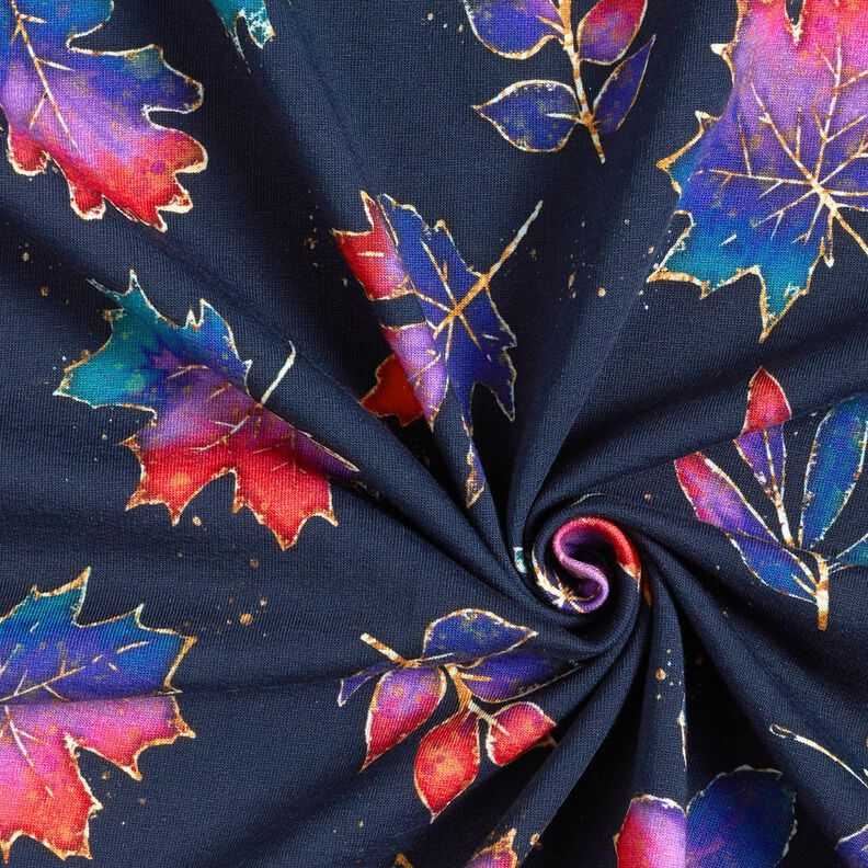 French Terry feuilles d'automne colorées | Glitzerpüppi – bleu nuit/rouge feu, image number 3