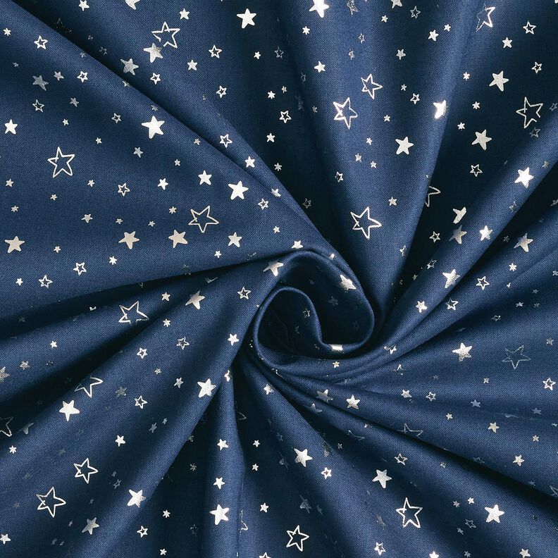 Tissu en coton Popeline Imprimé feuille Étoile de Noël – bleu nuit/argent métallisé,  image number 3