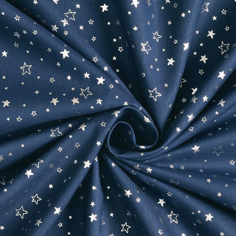 Tissu en coton Popeline Imprimé feuille Étoile de Noël – bleu nuit/argent métallisé, image number 3
