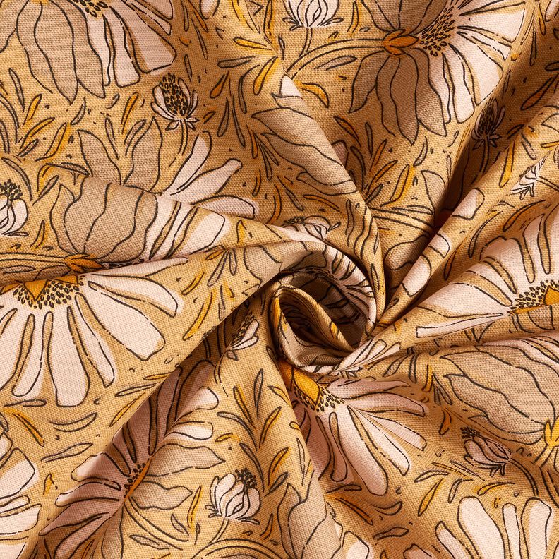 Tissu de décoration Semi-panama Grandes fleurs – beige foncé/jaune curry, image number 3