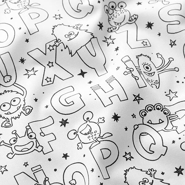 Popeline coton Tissu à colorier monstres lettres – blanc/noir,  image number 2