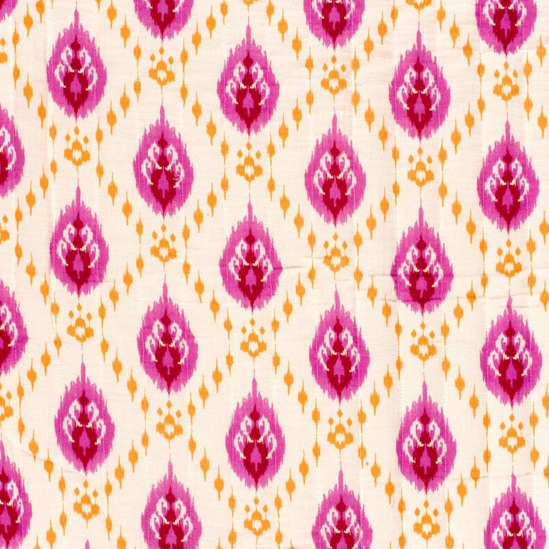 Tissu matelassé Tissu gaze de coton fleurs ethniques – écru/rose vif,  image number 3