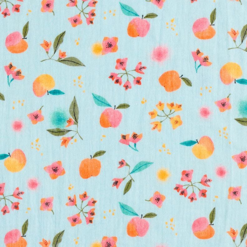 Tissu double gaze de coton pommes points fleurs Impression numérique – bleu clair,  image number 1