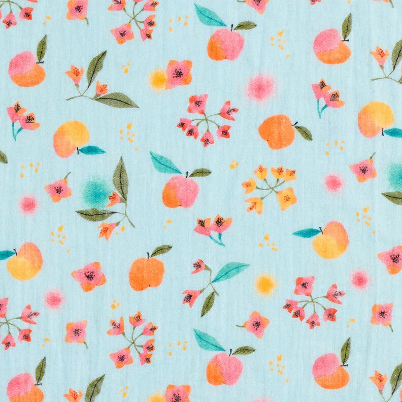 Tissu double gaze de coton pommes points fleurs Impression numérique – bleu clair, image number 1
