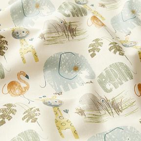 GOTS Tissu en coton cretonne animaux de la savane mignons – blanc, 