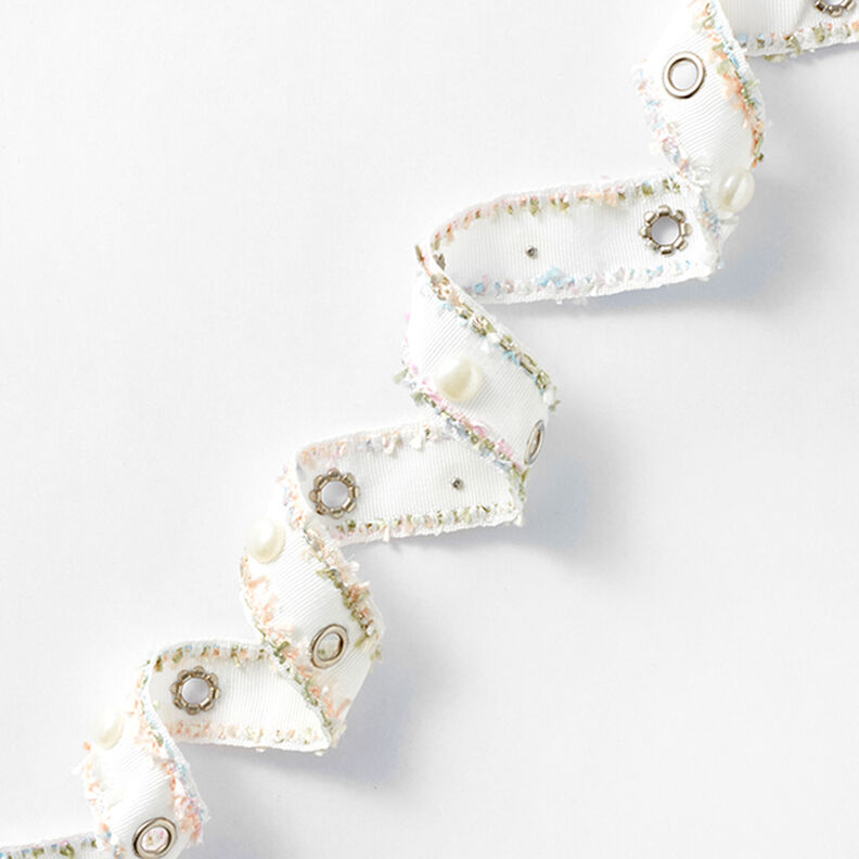 Ruban tissé Œillets et perles Pastel [25 mm] – blanc/rose,  image number 1