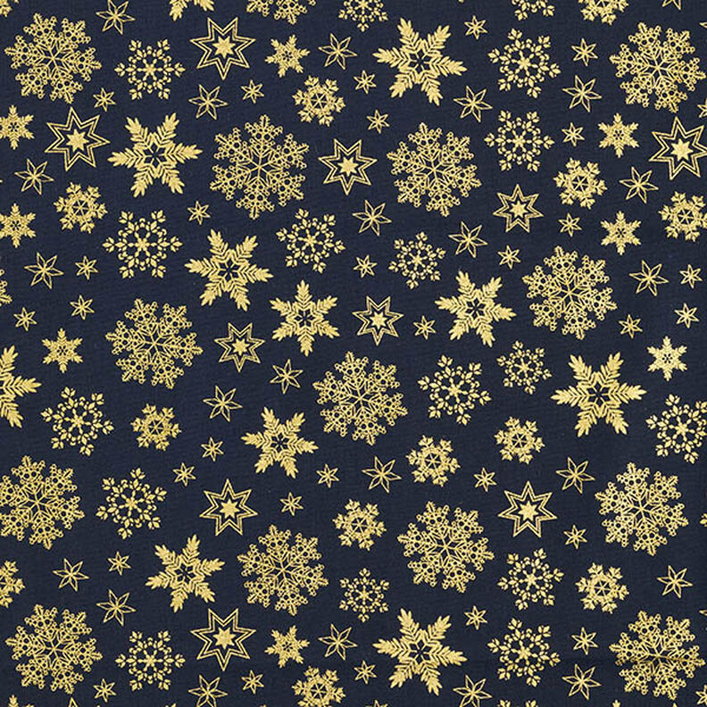Tissu en coton Popeline Cristaux de neige – bleu nuit/or, image number 1
