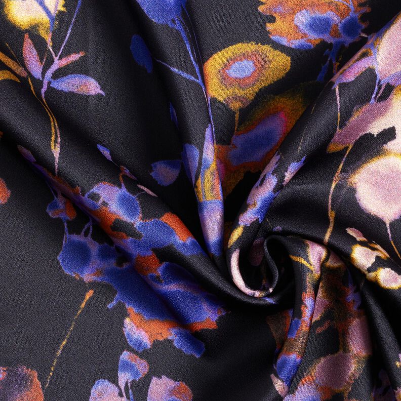 Tissu viscose Cupro avec fleurs à l'aquarelle – noir/lilas bleu,  image number 3
