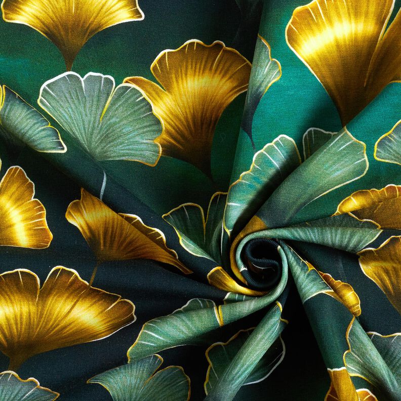 Jersey coton Ginkgo | Glitzerpüppi – vert foncé/or ancien,  image number 3